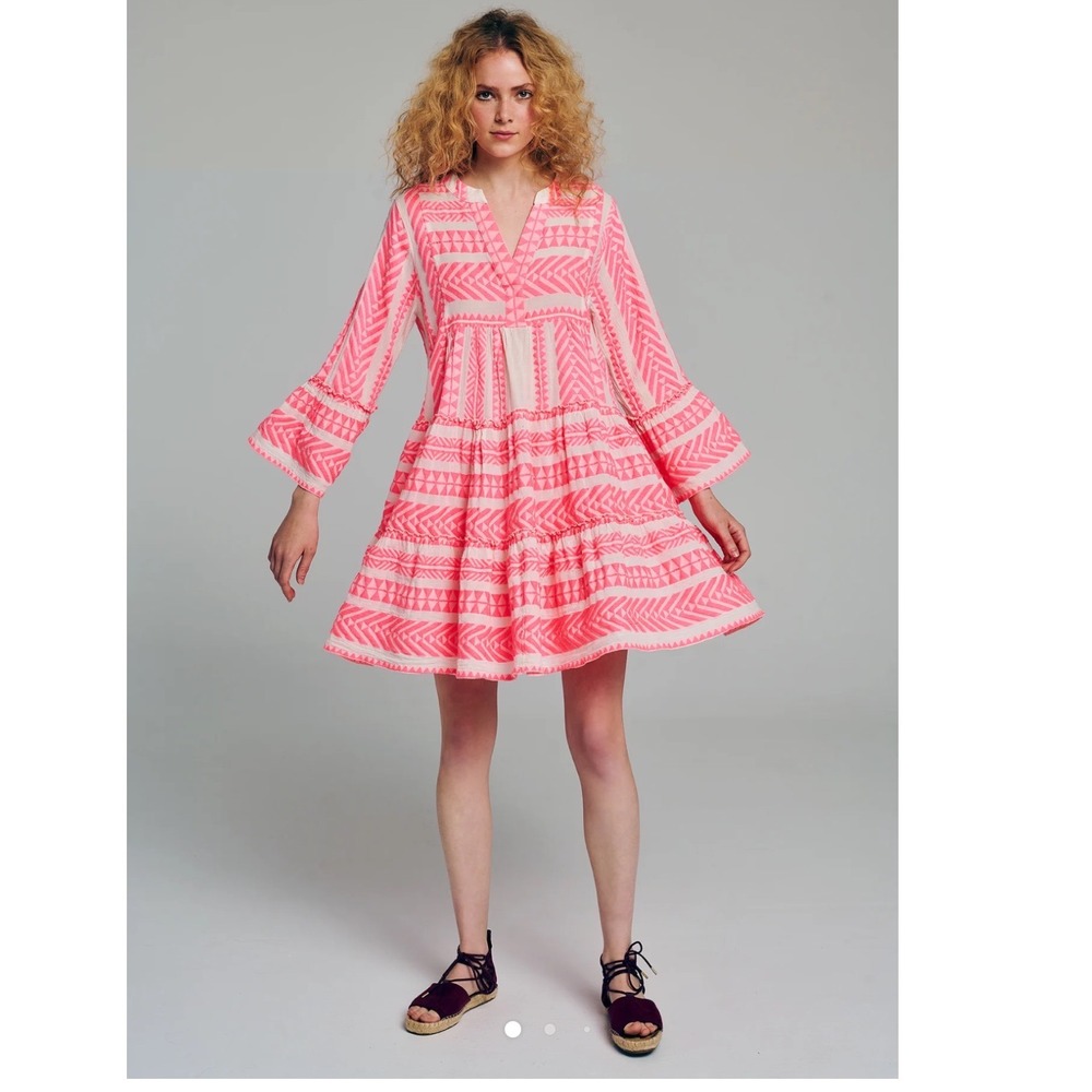 Devotion Ella Pink White Geometric Cotton Mini Dress XS Made in Greece